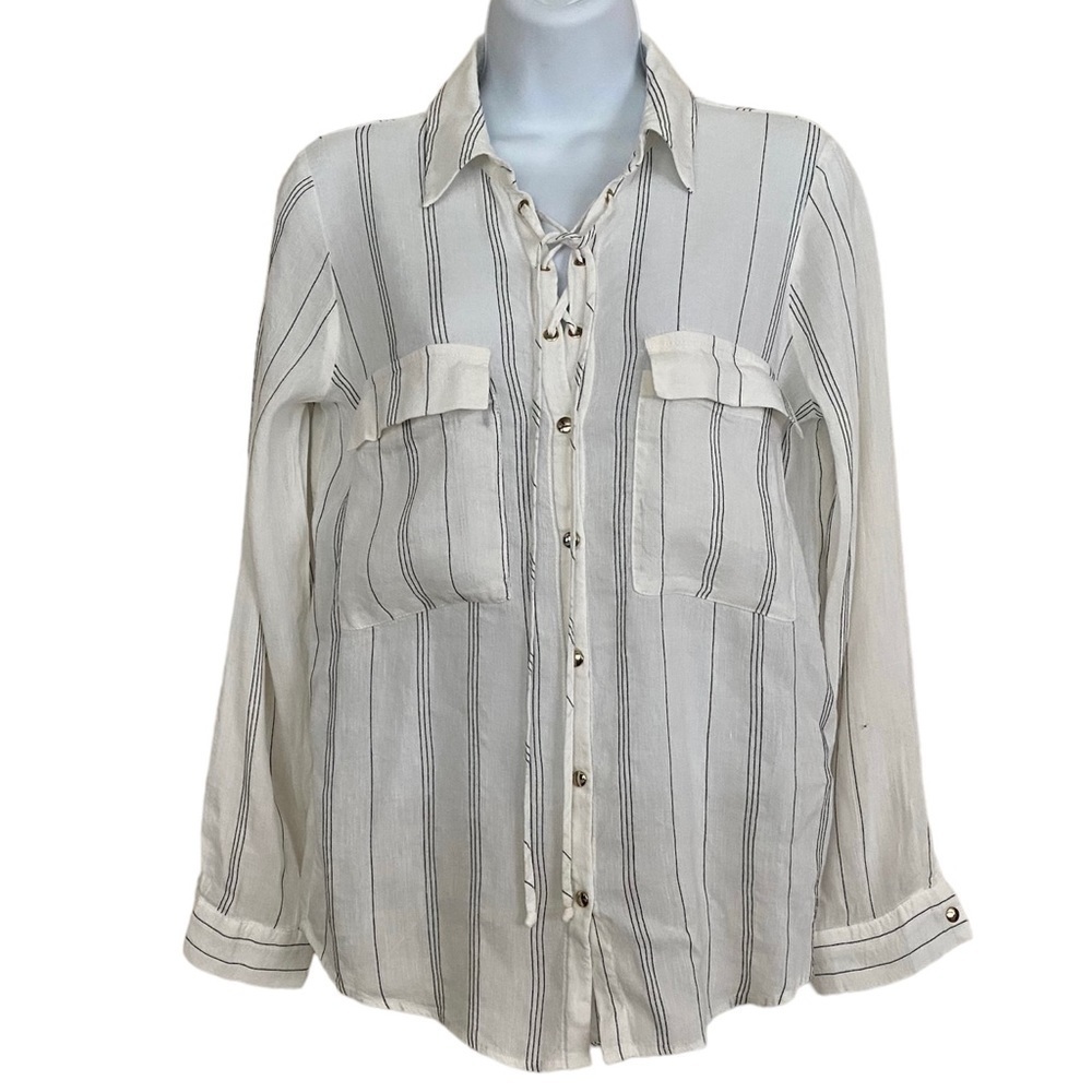 Zara Basic Black White Striped Linen-blend Top Shirt XS Officecore Oversized